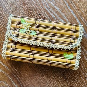 Vintage Clutch Womens Bamboo Flap Handbag Purse Tan Lace Embellished Summer Boho